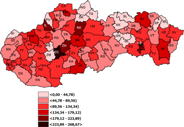 Mapa: 7– dňová incidencia (od 30. 9. 2022 do 6. 10. 2022) potvrdených prípadov COVID 19 v SR podľa okresov (chorobnosť na 100 tis.)