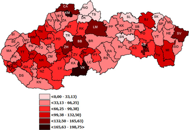 Mapa: 7– dňová incidencia (od 6. 10. 2022 do 13. 10. 2022) potvrdených prípadov COVID 19 v SR podľa okresov (chorobnosť na 100 tis.)