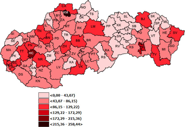 Mapa: 7– dňová incidencia (od 13. 10. 2022 do 20. 10. 2022) potvrdených prípadov COVID 19 v SR podľa okresov (chorobnosť na 100 tis.)
