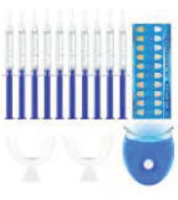 foto - súprava na bielenie zubov, ktorá obsahuje 3 ml injekčné striekačky s obsahom modrého gélu a UV svetlo