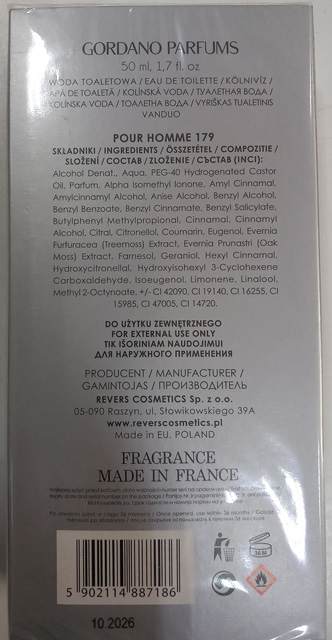 Gordano Parfums - Pour Homme – toaletná voda pre mužov - zadná strana produktu
