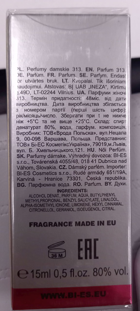 WOMAN 313 PARFUM – parfumovaná voda - zadná strana produktu