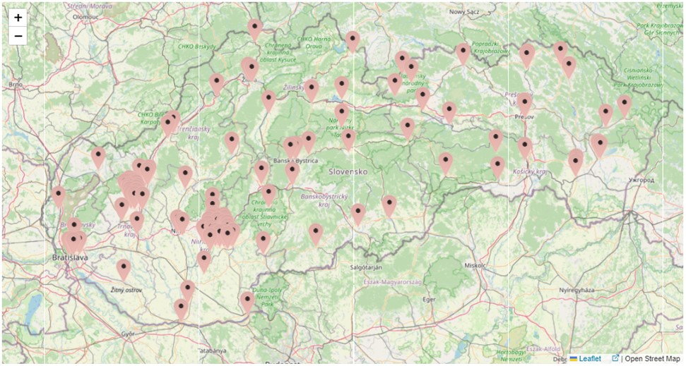 Obrázok č. 1    Rozmiestnenie monitorovacích miest siete včasného varovania na území Slovenskej republiky (zdroj: Informačný systém ÚVZ SR)