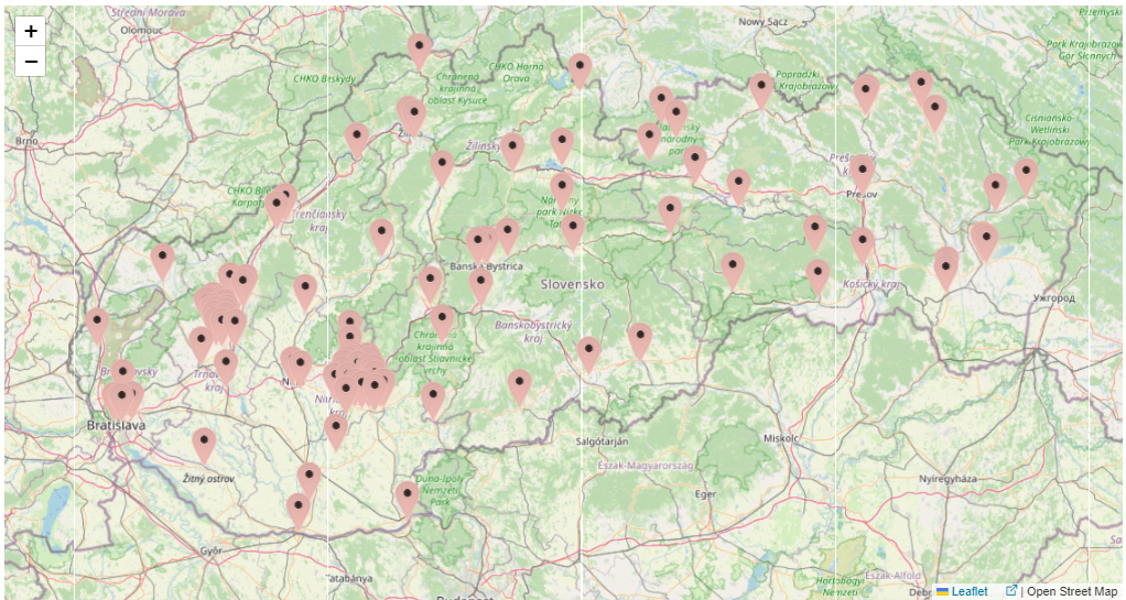 Obrázok č. 1 Rozmiestnenie monitorovacích miest siete včasného varovania na území Slovenskej republiky (zdroj: Informačný systém ÚVZ SR)