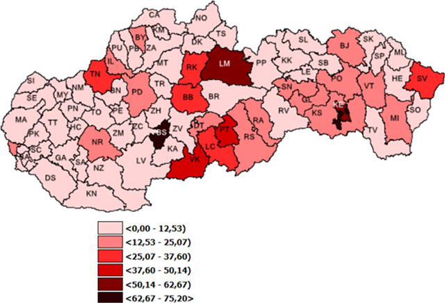 Mapa: 7-dňová incidencia (od 27. 3. 2023 do 2. 4. 2023) potvrdených prípadov COVID-19    v SR podľa okresov (chorobnosť na 100 tis.)