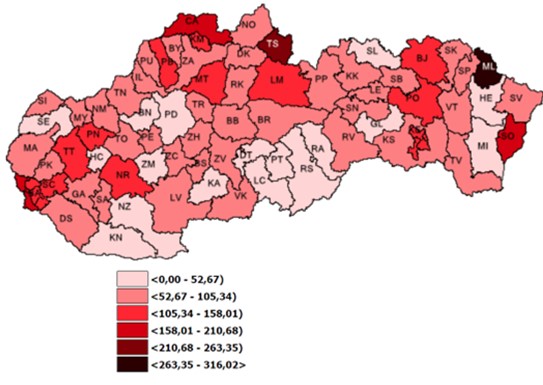 Mapa:   7 – dňová incidencia (od 29. 4. 2022 do 5. 5. 2022) potvrdených prípadov COVID-19  v SR podľa okresov (chorobnosť na 100 tis.)