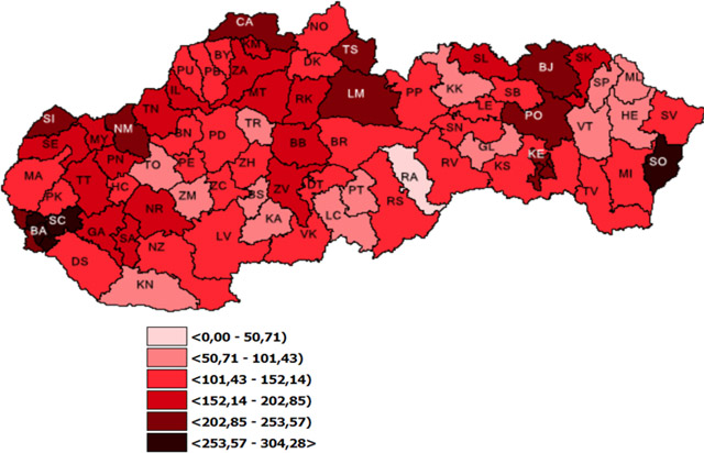 Mapa: 7 – dňová incidencia (od 22. 4. 2022 do 28. 4. 2022) potvrdených prípadov COVID - 19 v SR podľa okresov (chorobnosť na 100 tis.)