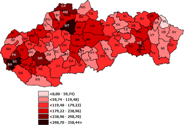 Mapa: 7 – dňová incidencia (od 15. 4. 2022 do 21. 4. 2022) potvrdených prípadov COVID - 19 v SR podľa okresov (chorobnosť na 100 tis.)