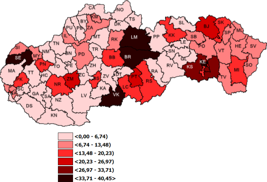 Mapa: 7-dňová incidencia (od 3. 4. 2023 do 9. 4. 2023) potvrdených prípadov COVID-19    v SR podľa okresov (chorobnosť na 100 tis.)