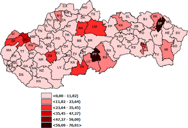 Mapa : 7-dňová incidencia (od 10. 4. 2023 do 16. 4. 2023) potvrdených prípadov COVID-19    v SR podľa okresov (chorobnosť na 100 tis.)