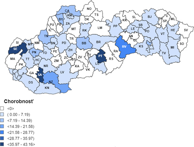 Mapa: 7 – dňová incidencia (od 30. 10. 2023 do 12. 11. 2023) potvrdených prípadov COVID 19 v SR podľa okresov (chorobnosť na 100 000)