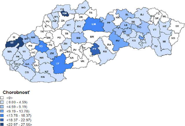 Mapa: 7– dňová incidencia (od 23. 10. 2023 do 29. 10. 2023) potvrdených prípadov COVID 19 v SR podľa okresov (chorobnosť na 100 tis.)