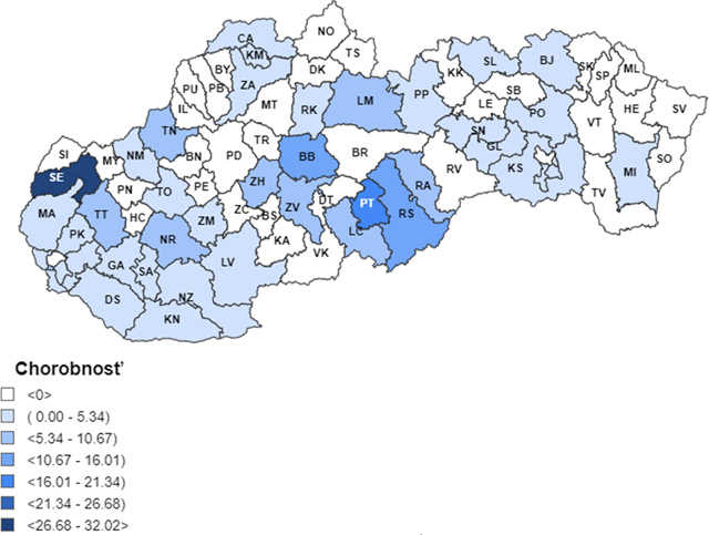 Mapa: 7 – dňová incidencia (od 30. 10. 2023 do 5. 11. 2023) potvrdených prípadov COVID 19 v SR podľa okresov (chorobnosť na 100 tis.)