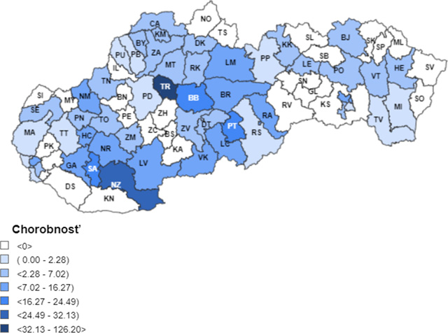 Mapa: 7 – dňová incidencia (od 20. 11. 2023 do 26. 11. 2023) potvrdených prípadov COVID 19 ​​​​​​​v SR podľa okresov (chorobnosť na 100 000)