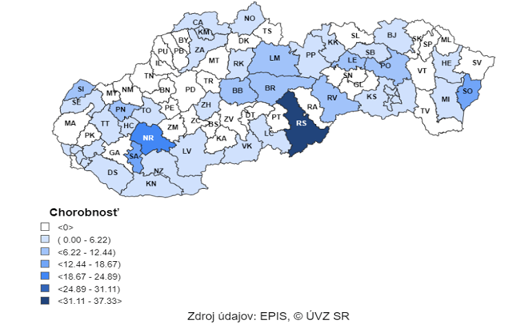 Mapa:    Incidencia potvrdených prípadov COVID 19 (od 25. 12. 2023 do 31. 12. 2023)   v SR podľa okresov (chorobnosť na 100 000)