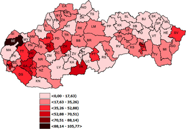 Mapa - 7 dňová incidencia potvrdených prípadov covid 19 (pdf, 65 kB)