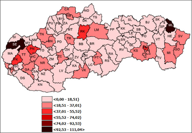 Mapa: 7-dňová incidencia (od 23. 12. 2022 do 29. 12. 2022) potvrdených prípadov COVID 19  v SR podľa okresov (chorobnosť na 100 tis.)