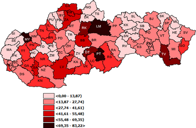 Mapa: 7-dňová incidencia (od 20. 2. 2023 do 26. 2. 2023) potvrdených prípadov COVID-19   v SR podľa okresov (chorobnosť na 100 tis.)