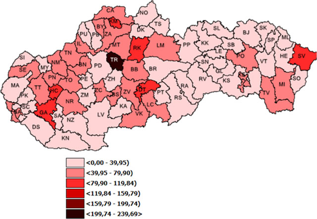 Mapa: 7-dňová incidencia (od 21. 10. 2022 do 27. 10. 2022) potvrdených prípadov COVID 19 v SR podľa okresov (chorobnosť na 100 tis.)