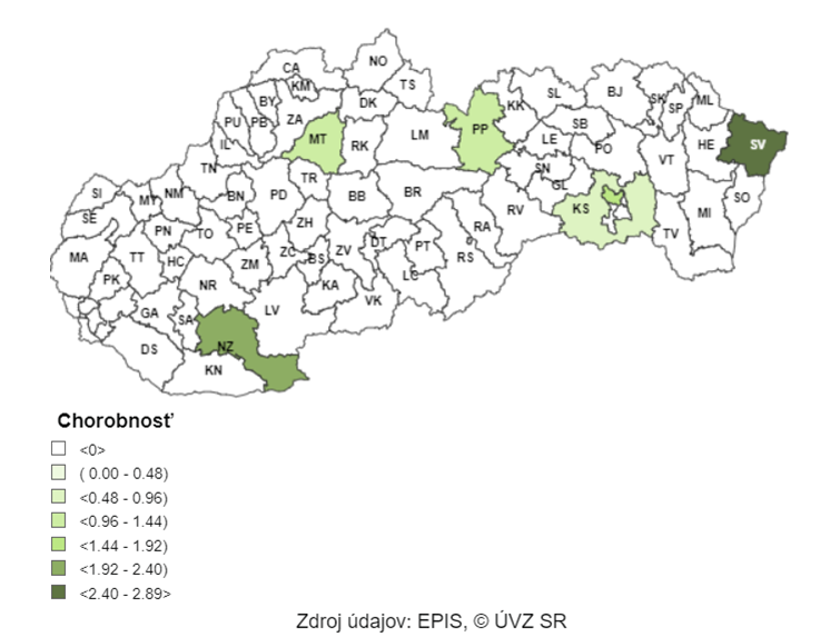 Mapa:     7-dňová incidencia potvrdených prípadov COVID-19 (od 4. 3. 2024 do 10. 3. 2024)          v SR podľa okresov (chorobnosť na 100 000)