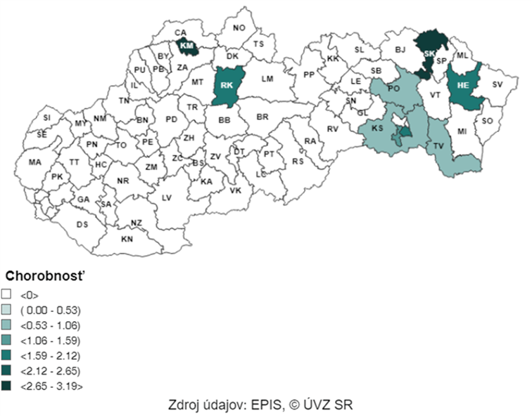 Mapa:     7-dňová incidencia potvrdených prípadov COVID-19 (od 25. 3. 2024 do 31. 3. 2024) v SR podľa okresov (chorobnosť na 100 000)