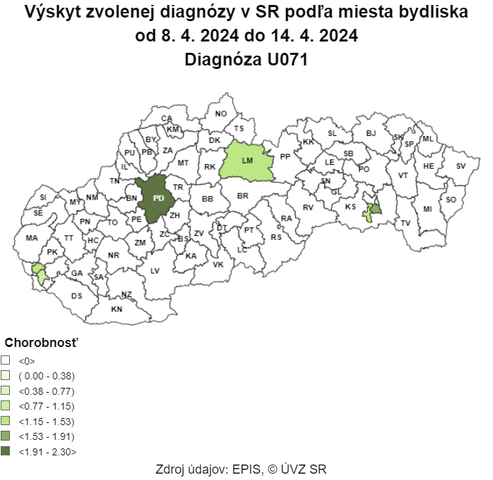 Mapa:     7-dňová incidencia potvrdených prípadov COVID-19 (od 8. 4. 2024 do 14. 4. 2024) v SR podľa okresov (chorobnosť na 100 000)