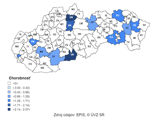 Mapa:     7-dňová incidencia potvrdených prípadov COVID-19 (od 12. 2. 2024 do 18. 2. 2024) v SR podľa okresov (chorobnosť na 100 000)