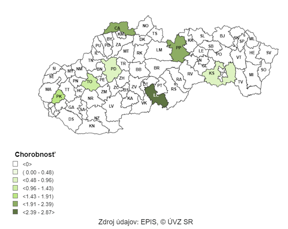 Mapa:	 7-dňová incidencia potvrdených prípadov COVID-19 (od 22. 4. 2024 do 28. 4. 2024) v SR podľa okresov (chorobnosť na 100 000)