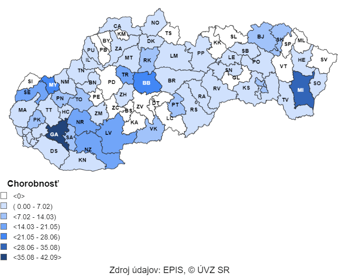 Mapa:7      – dňová incidencia (od 4. 12. 2023 do 10 12. 2023) potvrdených prípadov COVID 19 v SR podľa okresov (chorobnosť na 100 000)      