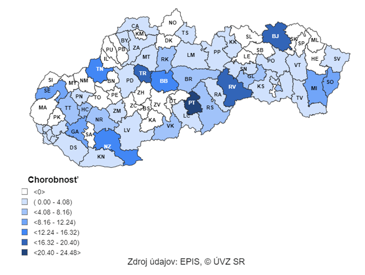Mapa: Incidencia potvrdených prípadov COVID 19 (od 18. 12. 2023 do 21. 12. 2023) v SR podľa okresov (chorobnosť na 100 000)                  
