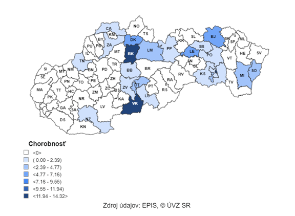 Mapa: 7-dňová incidencia potvrdených prípadov COVID-19 (od 5. 2. 2024 do 11. 2. 2024) v SR podľa okresov (chorobnosť na 100 000)    