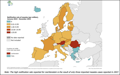 Obrázok : Incidencia osýpok (na 1 000 000 obyvateľov) v EÚ/EHP hlásených do ECDC v roku 2023. (Zdroj: ECDC, 2024)