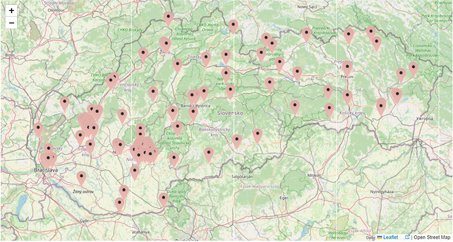 Rozmiestnenie monitorovacích miest siete včasného varovania na území Slovenskej republiky (zdroj: Informačný systém ÚVZ SR)