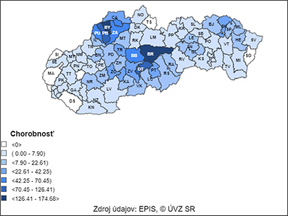 Mapa: Výskyt kliešťovej encefalitídy v SR podľa okresov od 1.1.2019 do 31.12.2023